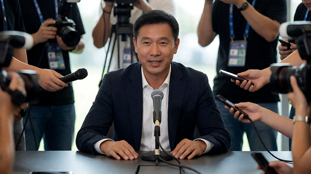 赛前新闻发布会上教练接受采访的现场画面